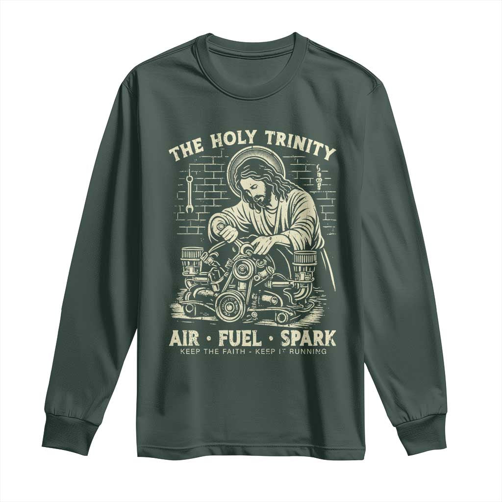 Funny Mechanic Jesus Holy Trinity Air Fuel Spark Vintage Long Sleeve Shirt Christian Car Lover Humor Gift for Gearheads TS02 Dark Forest Green Print Your Wear