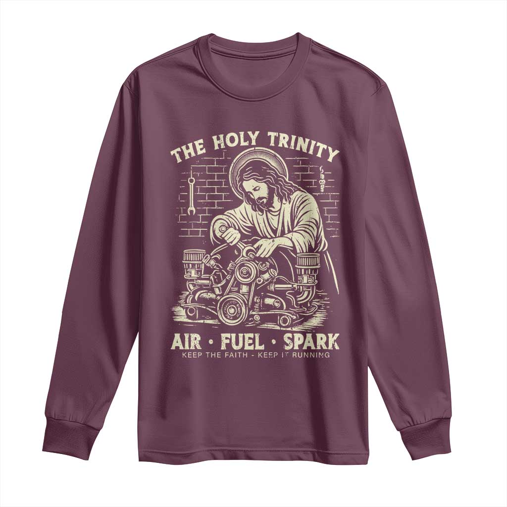 Funny Mechanic Jesus Holy Trinity Air Fuel Spark Vintage Long Sleeve Shirt Christian Car Lover Humor Gift for Gearheads TS02 Maroon Print Your Wear