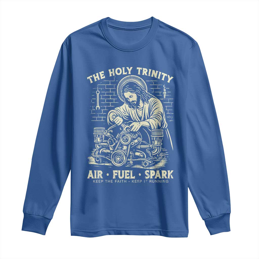 Funny Mechanic Jesus Holy Trinity Air Fuel Spark Vintage Long Sleeve Shirt Christian Car Lover Humor Gift for Gearheads TS02 Royal Blue Print Your Wear