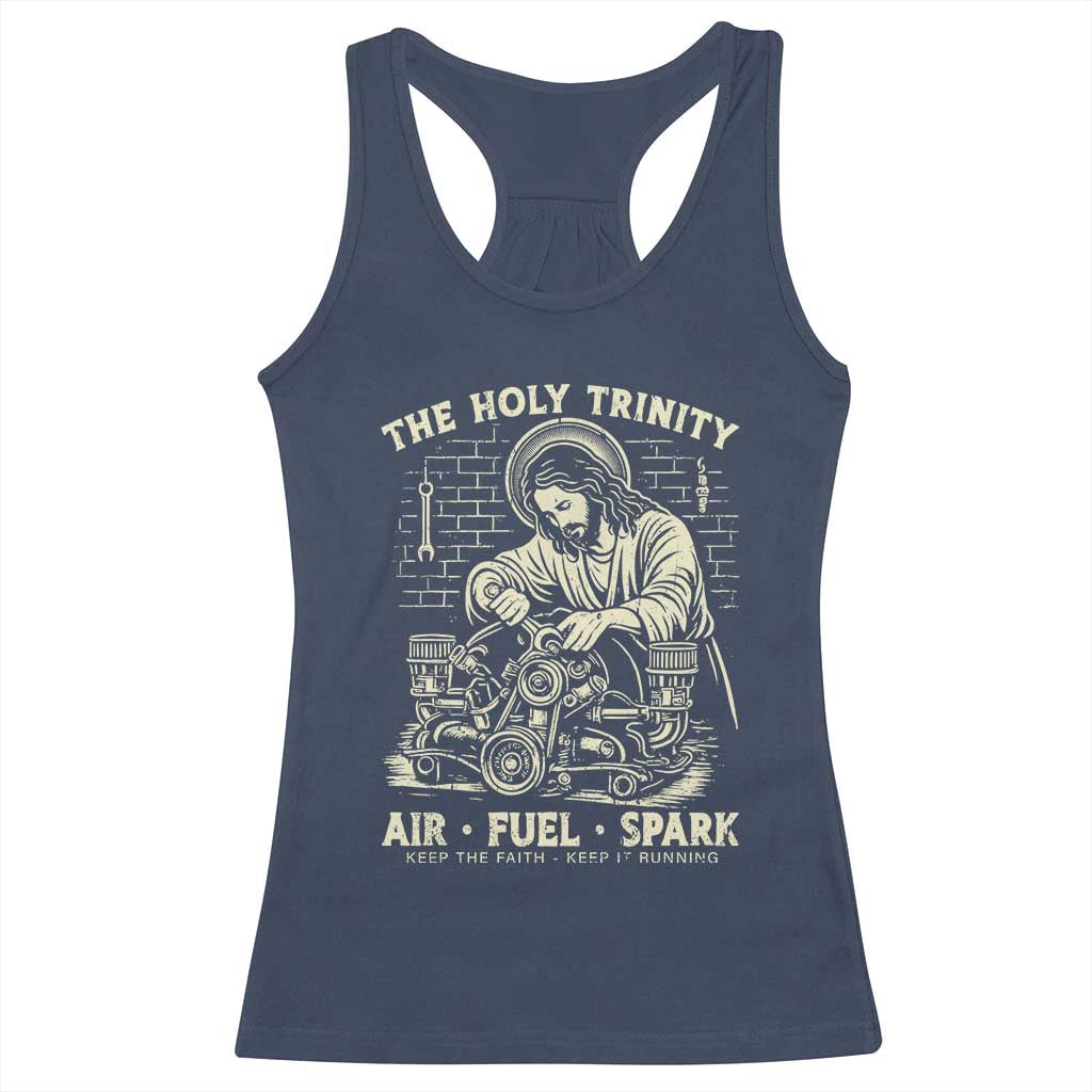 Funny Mechanic Jesus Holy Trinity Air Fuel Spark Vintage Racerback Tank Top Christian Car Lover Humor Gift for Gearheads TS02 Navy Print Your Wear