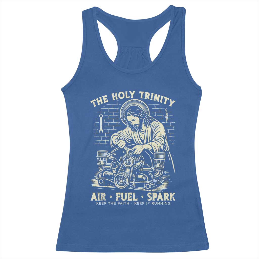 Funny Mechanic Jesus Holy Trinity Air Fuel Spark Vintage Racerback Tank Top Christian Car Lover Humor Gift for Gearheads TS02 Royal Blue Print Your Wear