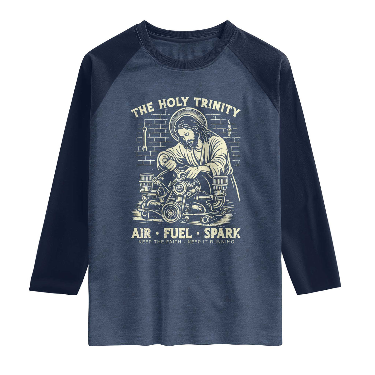 Funny Mechanic Jesus Holy Trinity Air Fuel Spark Vintage Raglan Shirt Christian Car Lover Humor Gift for Gearheads TS02 Heather Denim Navy Print Your Wear