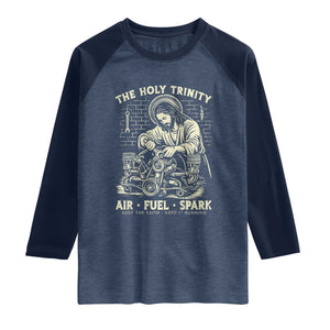 Funny Mechanic Jesus Holy Trinity Air Fuel Spark Vintage Raglan Shirt Christian Car Lover Humor Gift for Gearheads TS02 Heather Denim Navy Print Your Wear