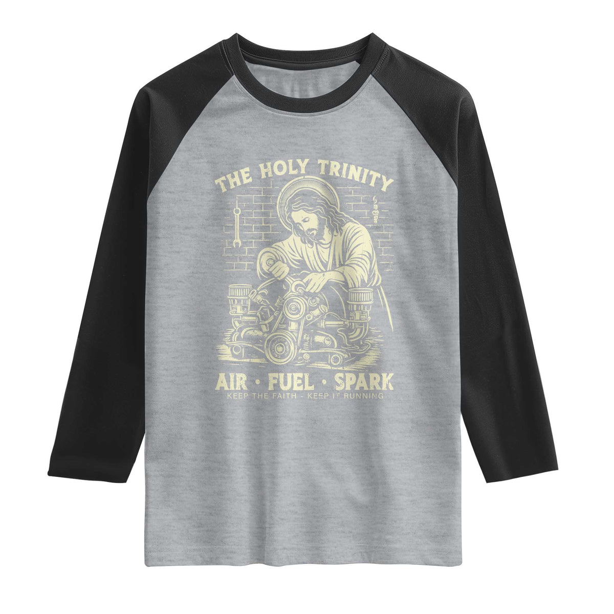 Funny Mechanic Jesus Holy Trinity Air Fuel Spark Vintage Raglan Shirt Christian Car Lover Humor Gift for Gearheads TS02 Heather Gray Black Print Your Wear