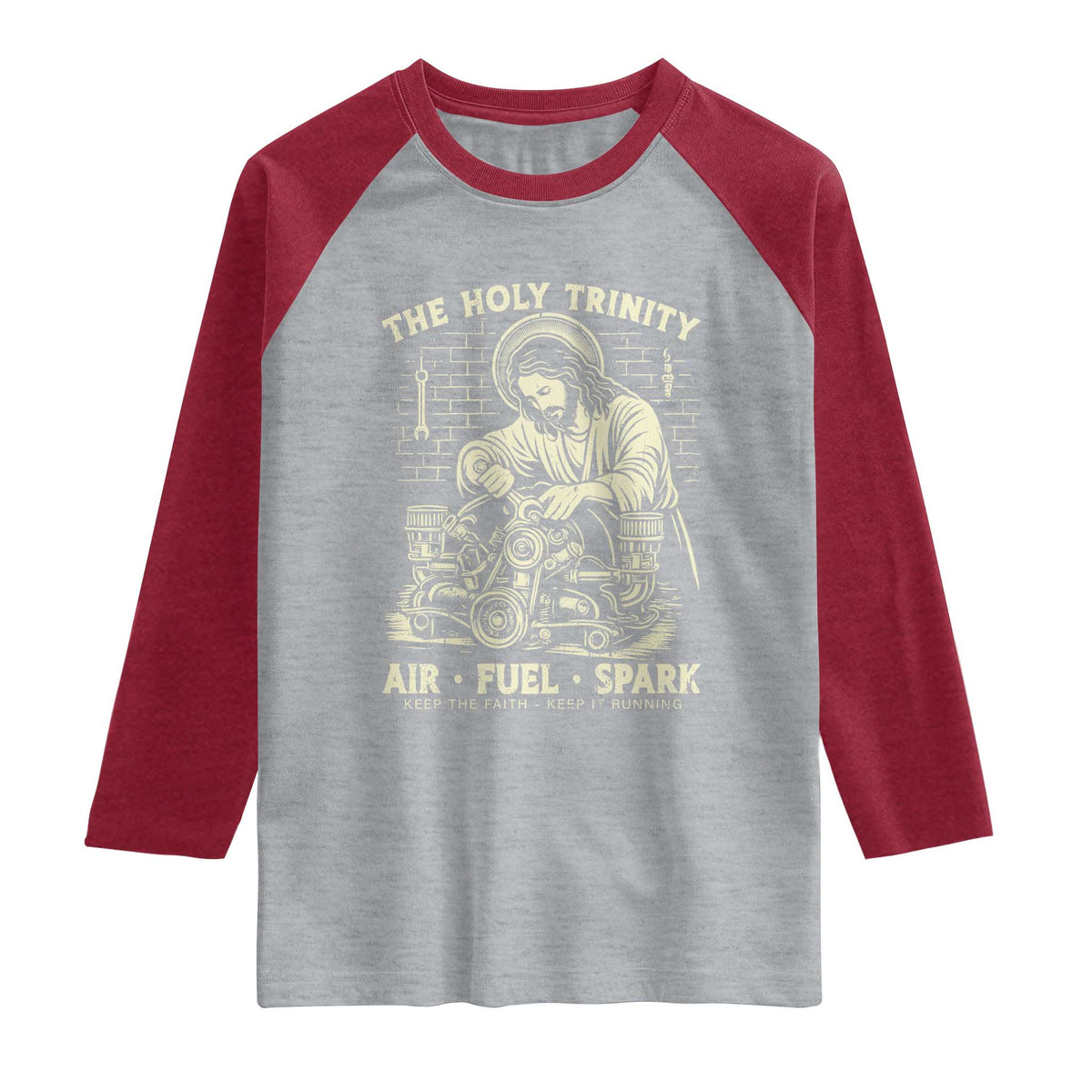Funny Mechanic Jesus Holy Trinity Air Fuel Spark Vintage Raglan Shirt Christian Car Lover Humor Gift for Gearheads TS02 Heather Gray Heather Red Print Your Wear