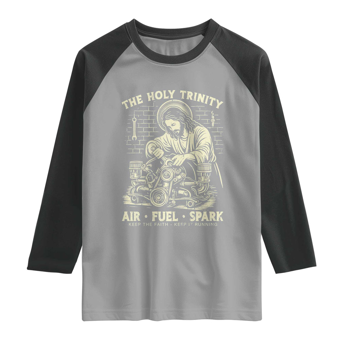 Funny Mechanic Jesus Holy Trinity Air Fuel Spark Vintage Raglan Shirt Christian Car Lover Humor Gift for Gearheads TS02 Sport Gray Black Print Your Wear