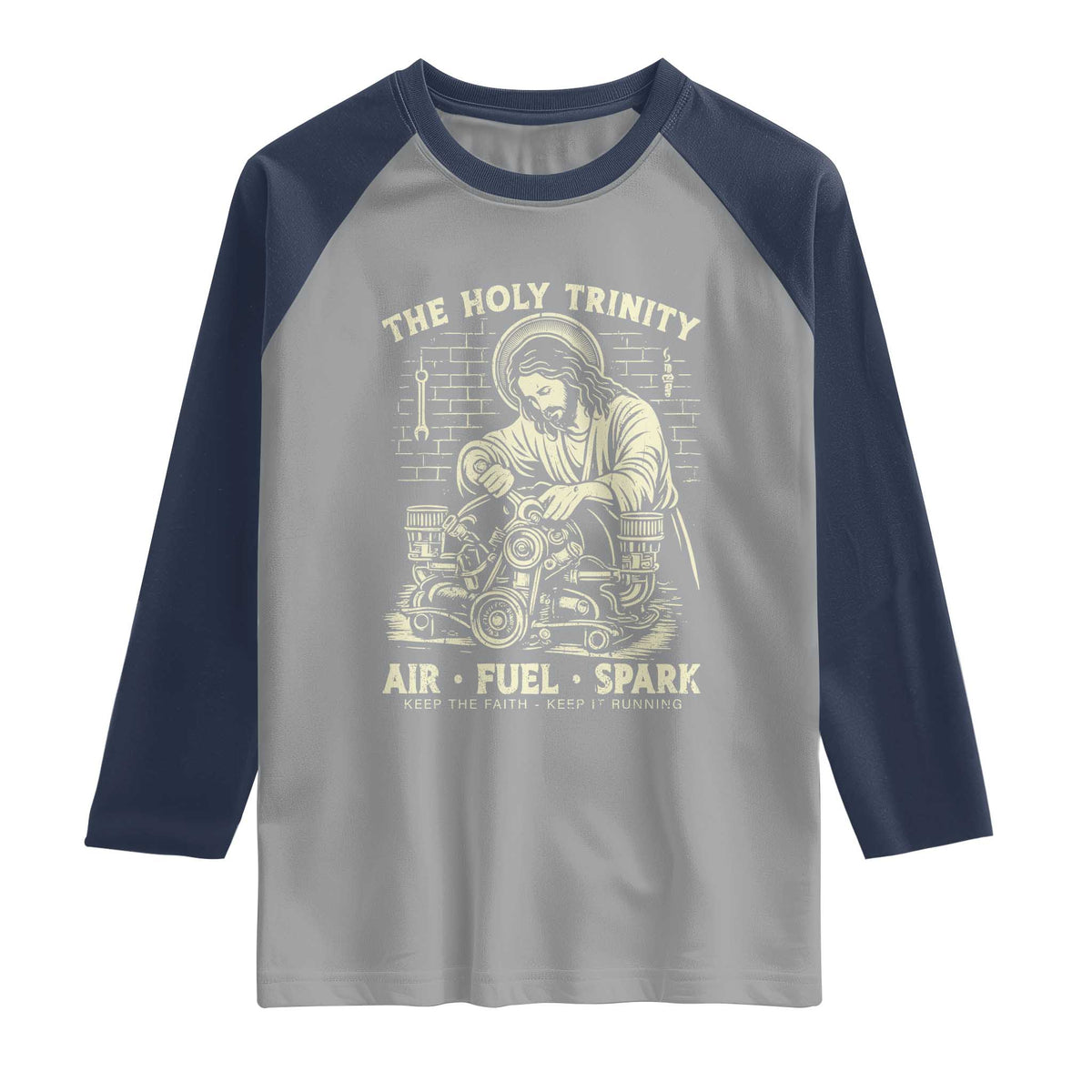 Funny Mechanic Jesus Holy Trinity Air Fuel Spark Vintage Raglan Shirt Christian Car Lover Humor Gift for Gearheads TS02 Sport Gray Navy Print Your Wear