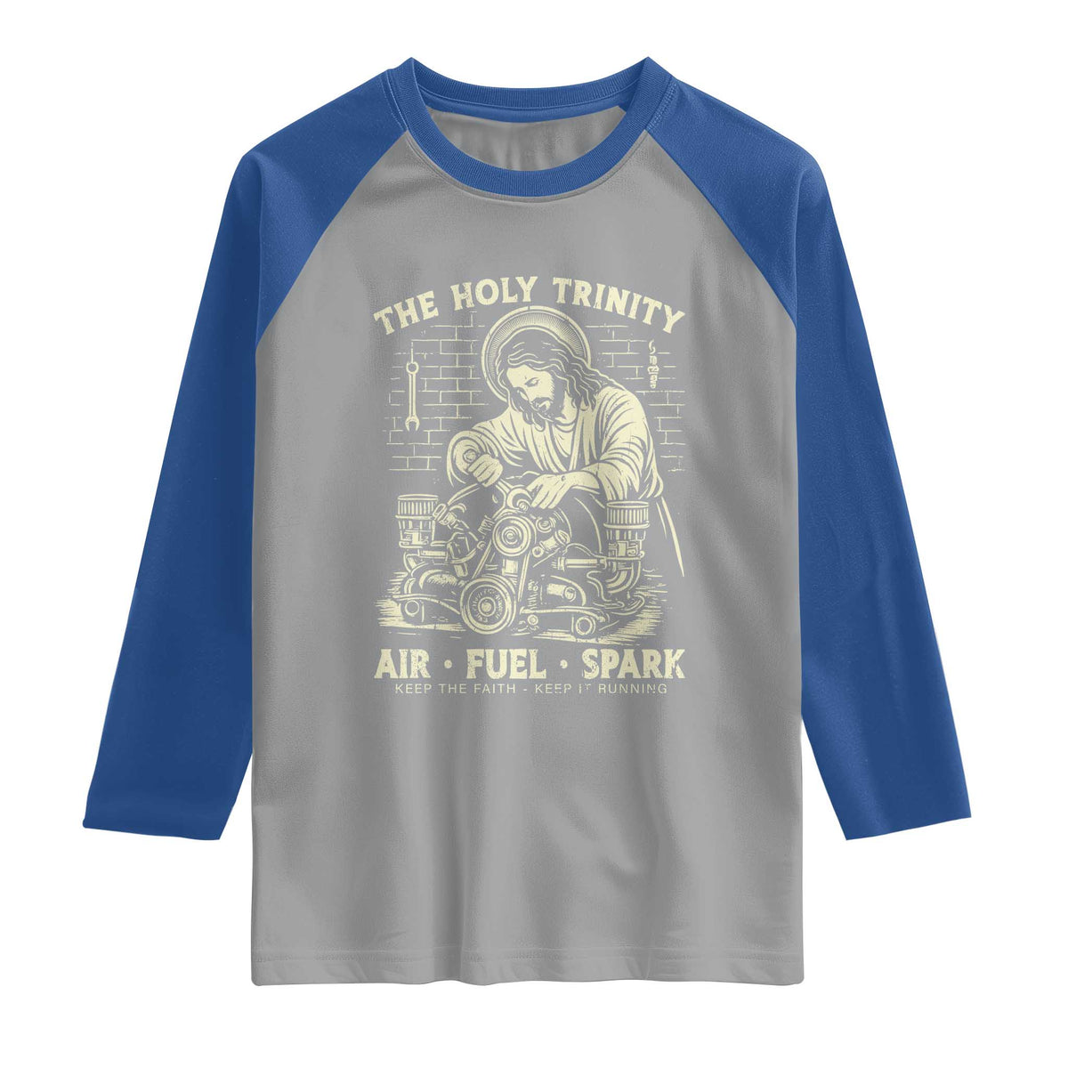 Funny Mechanic Jesus Holy Trinity Air Fuel Spark Vintage Raglan Shirt Christian Car Lover Humor Gift for Gearheads TS02 Sport Gray Royal Print Your Wear
