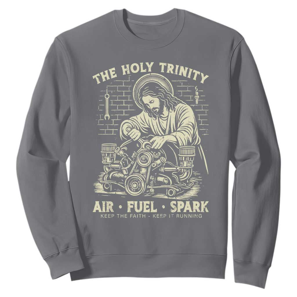 Funny Mechanic Jesus Holy Trinity Air Fuel Spark Vintage Sweatshirt Christian Car Lover Humor Gift for Gearheads TS02 Charcoal Print Your Wear