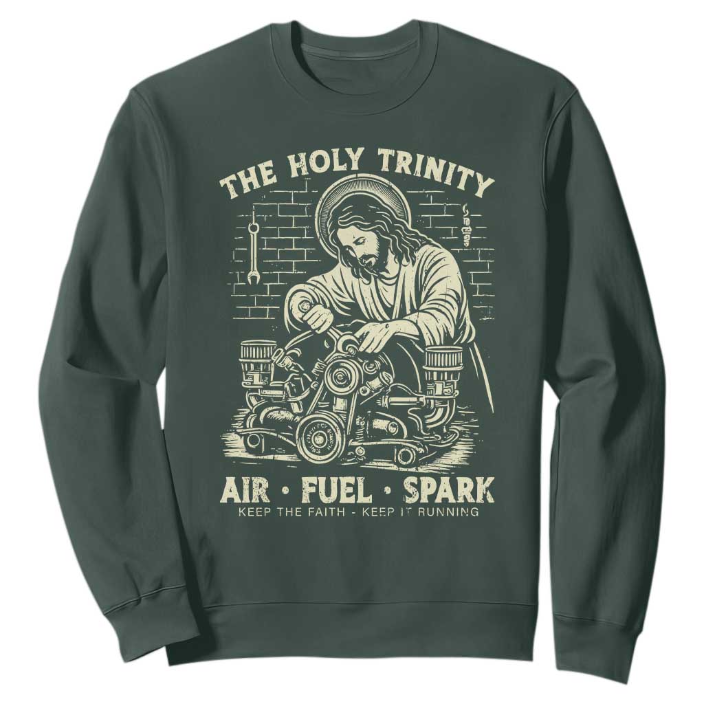 Funny Mechanic Jesus Holy Trinity Air Fuel Spark Vintage Sweatshirt Christian Car Lover Humor Gift for Gearheads TS02 Dark Forest Green Print Your Wear