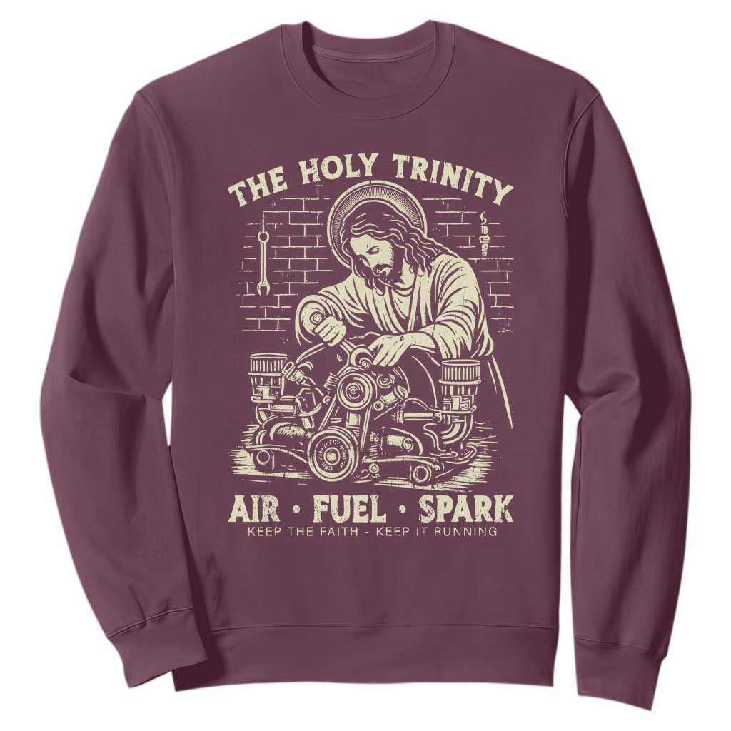 Funny Mechanic Jesus Holy Trinity Air Fuel Spark Vintage Sweatshirt Christian Car Lover Humor Gift for Gearheads TS02 Maroon Print Your Wear