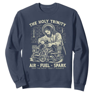 Funny Mechanic Jesus Holy Trinity Air Fuel Spark Vintage Sweatshirt Christian Car Lover Humor Gift for Gearheads TS02 Navy Print Your Wear