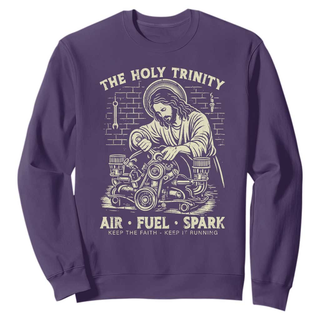Funny Mechanic Jesus Holy Trinity Air Fuel Spark Vintage Sweatshirt Christian Car Lover Humor Gift for Gearheads TS02 Purple Print Your Wear