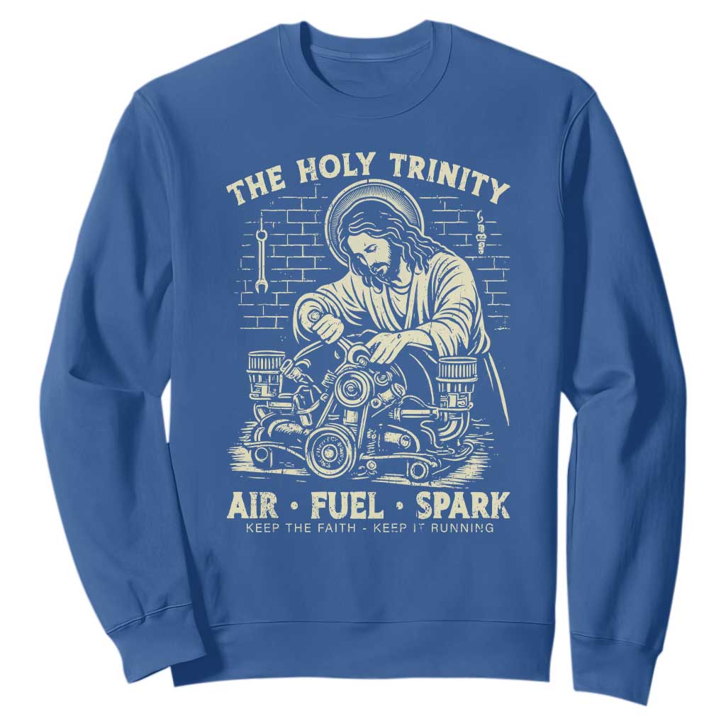 Funny Mechanic Jesus Holy Trinity Air Fuel Spark Vintage Sweatshirt Christian Car Lover Humor Gift for Gearheads TS02 Royal Blue Print Your Wear
