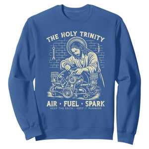 Funny Mechanic Jesus Holy Trinity Air Fuel Spark Vintage Sweatshirt Christian Car Lover Humor Gift for Gearheads TS02 Royal Blue Print Your Wear
