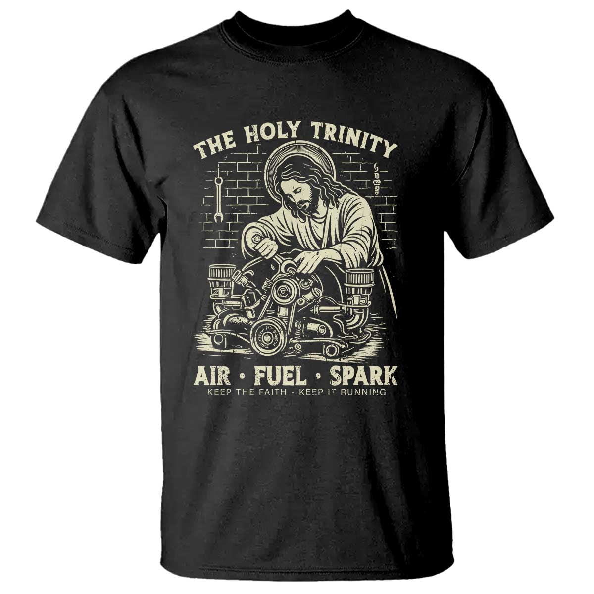 Funny Mechanic Jesus Holy Trinity Air Fuel Spark Vintage T Shirt Christian Car Lover Humor Gift for Gearheads TS02 Black Print Your Wear