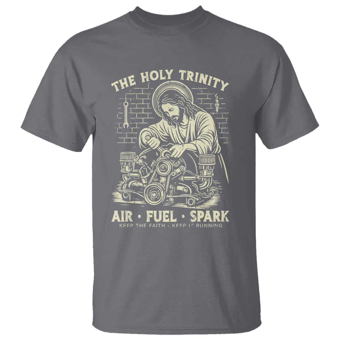 Funny Mechanic Jesus Holy Trinity Air Fuel Spark Vintage T Shirt Christian Car Lover Humor Gift for Gearheads TS02 Charcoal Print Your Wear