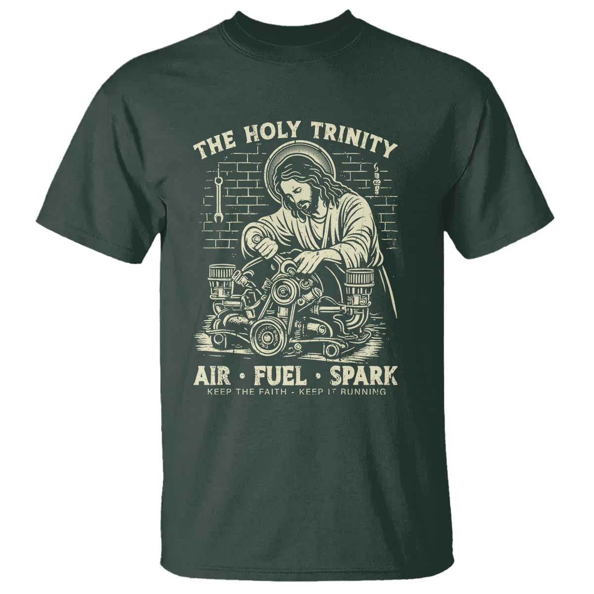 Funny Mechanic Jesus Holy Trinity Air Fuel Spark Vintage T Shirt Christian Car Lover Humor Gift for Gearheads TS02 Dark Forest Green Print Your Wear