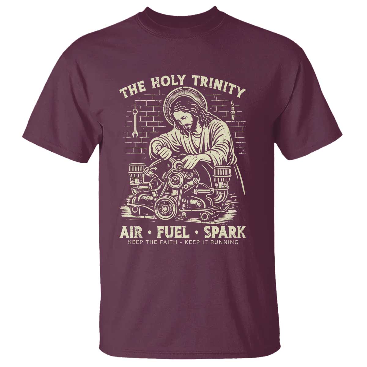 Funny Mechanic Jesus Holy Trinity Air Fuel Spark Vintage T Shirt Christian Car Lover Humor Gift for Gearheads TS02 Maroon Print Your Wear
