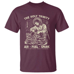 Funny Mechanic Jesus Holy Trinity Air Fuel Spark Vintage T Shirt Christian Car Lover Humor Gift for Gearheads TS02 Maroon Print Your Wear