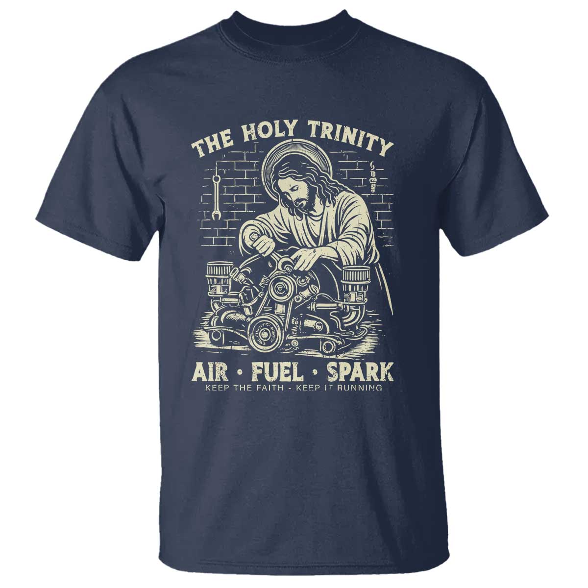 Funny Mechanic Jesus Holy Trinity Air Fuel Spark Vintage T Shirt Christian Car Lover Humor Gift for Gearheads TS02 Navy Print Your Wear
