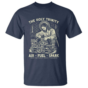 Funny Mechanic Jesus Holy Trinity Air Fuel Spark Vintage T Shirt Christian Car Lover Humor Gift for Gearheads TS02 Navy Print Your Wear
