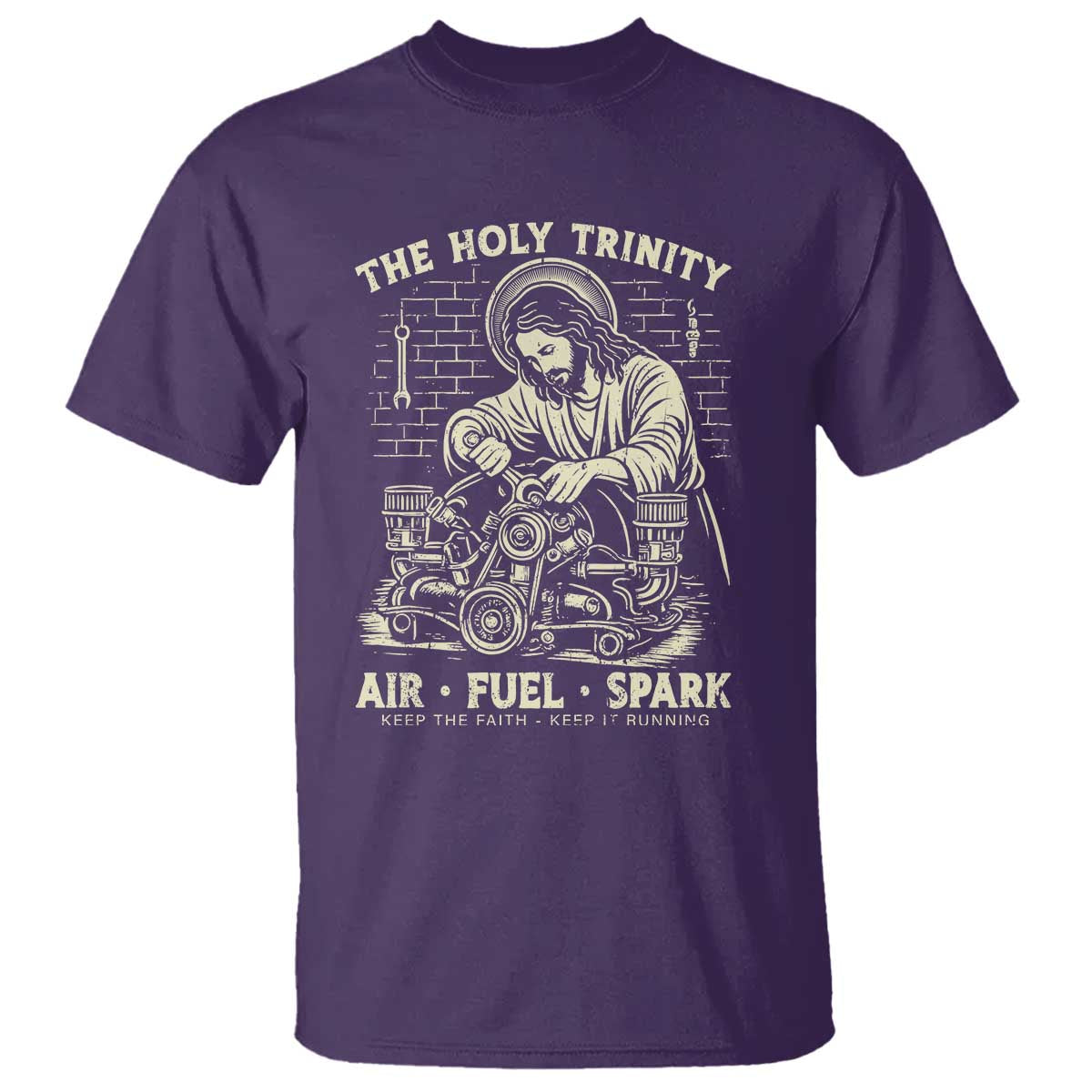 Funny Mechanic Jesus Holy Trinity Air Fuel Spark Vintage T Shirt Christian Car Lover Humor Gift for Gearheads TS02 Purple Print Your Wear