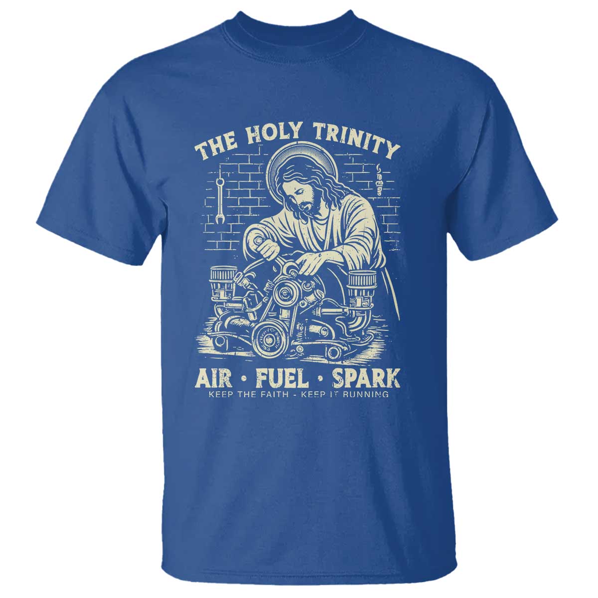 Funny Mechanic Jesus Holy Trinity Air Fuel Spark Vintage T Shirt Christian Car Lover Humor Gift for Gearheads TS02 Royal Blue Print Your Wear