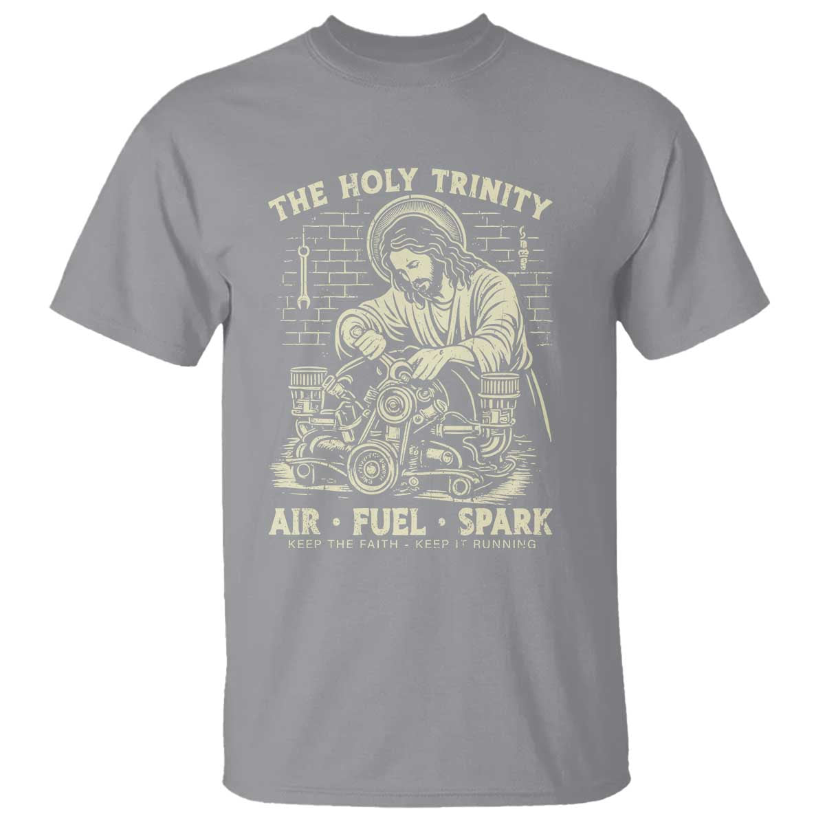 Funny Mechanic Jesus Holy Trinity Air Fuel Spark Vintage T Shirt Christian Car Lover Humor Gift for Gearheads TS02 Sport Gray Print Your Wear
