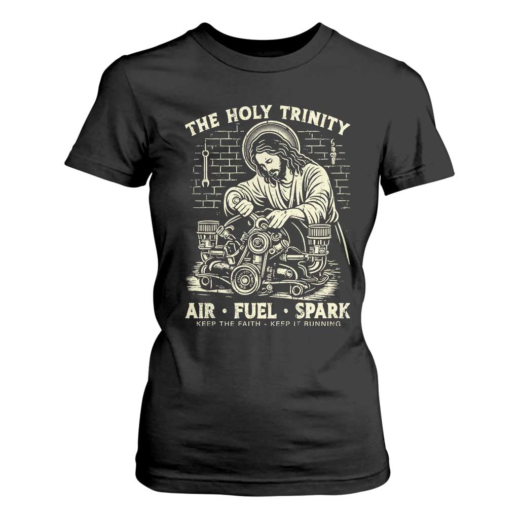 Funny Mechanic Jesus Holy Trinity Air Fuel Spark Vintage T Shirt For Women Christian Car Lover Humor Gift for Gearheads TS02 Black Print Your Wear