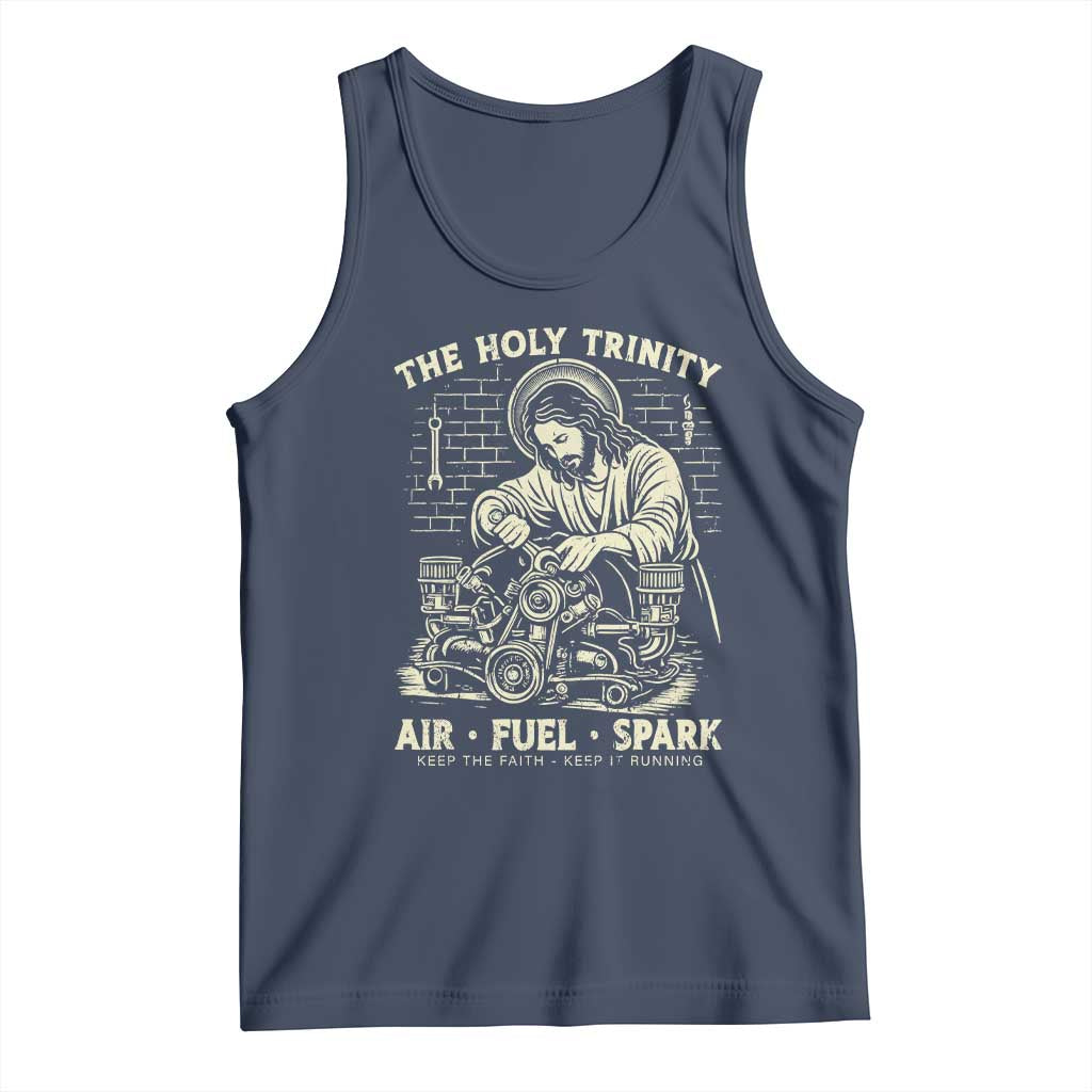 Funny Mechanic Jesus Holy Trinity Air Fuel Spark Vintage Tank Top Christian Car Lover Humor Gift for Gearheads TS02 Navy Print Your Wear