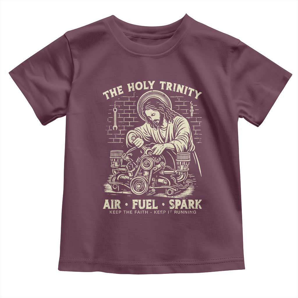 Funny Mechanic Jesus Holy Trinity Air Fuel Spark Vintage Toddler T Shirt Christian Car Lover Humor Gift for Gearheads TS02 Maroon Print Your Wear