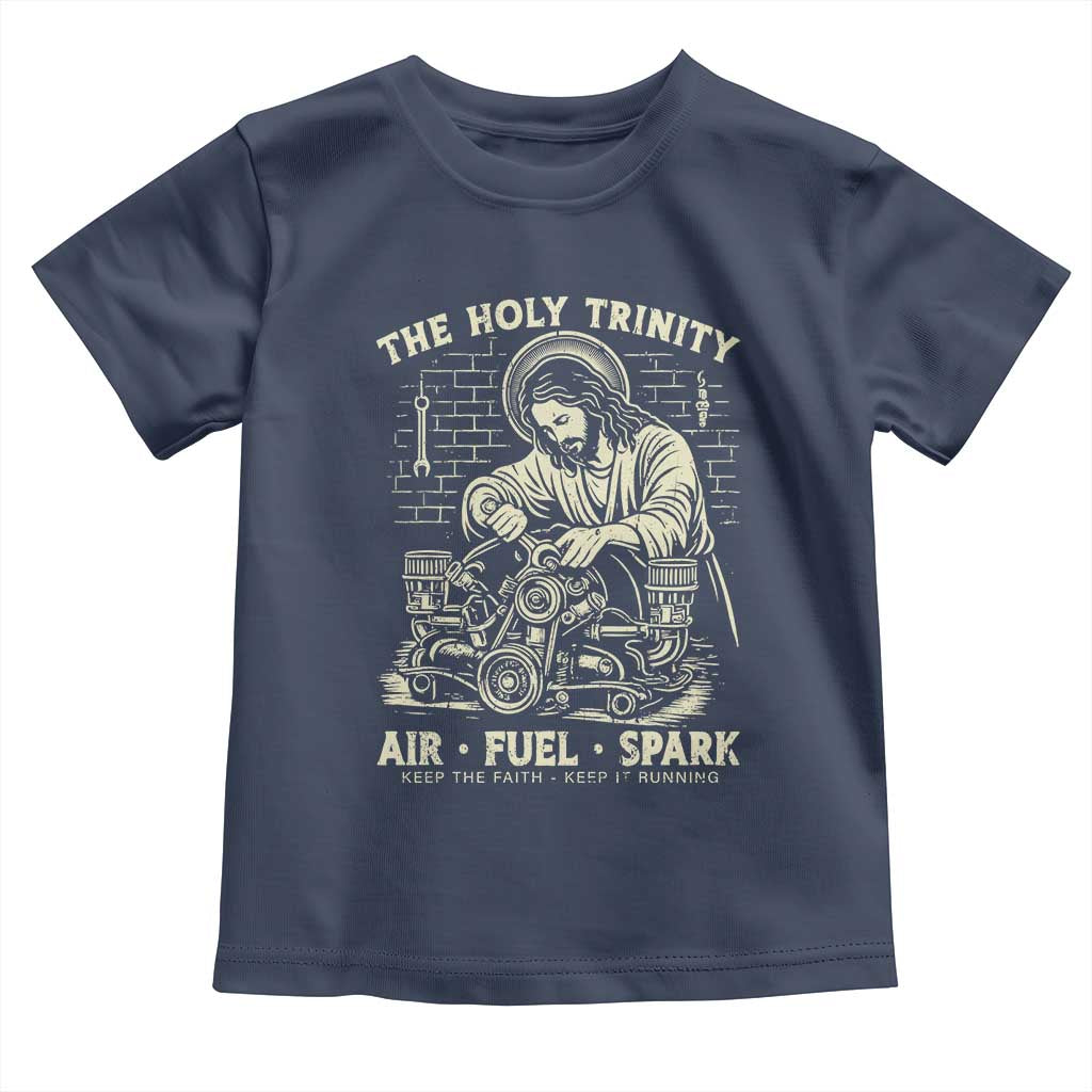 Funny Mechanic Jesus Holy Trinity Air Fuel Spark Vintage Toddler T Shirt Christian Car Lover Humor Gift for Gearheads TS02 Navy Print Your Wear