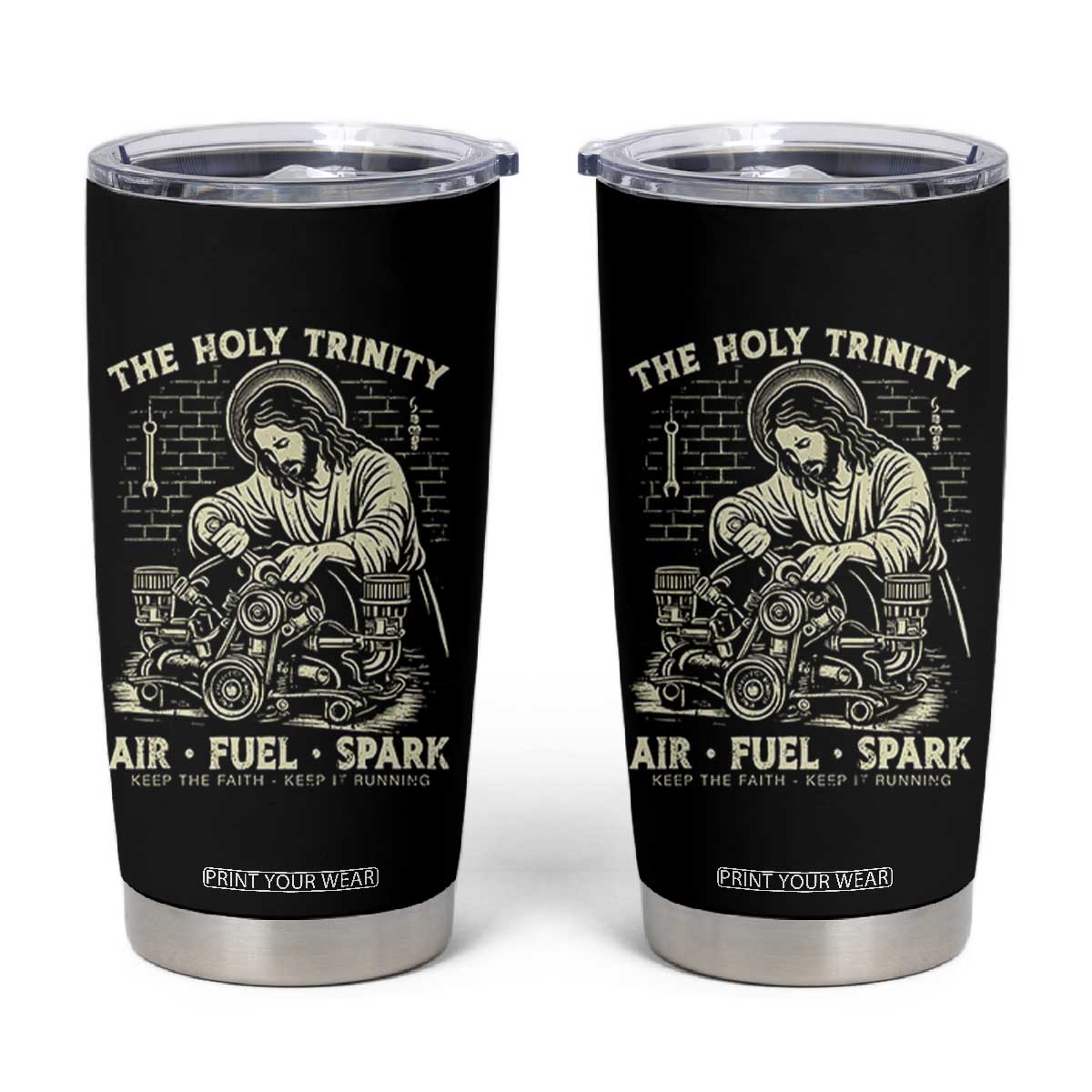 Funny Mechanic Jesus Holy Trinity Air Fuel Spark Vintage Tumbler Cup Christian Car Lover Humor Gift for Gearheads TS02 Black Print Your Wear