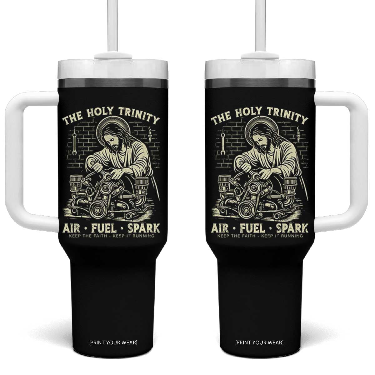 Funny Mechanic Jesus Holy Trinity Air Fuel Spark Vintage Tumbler With Handle Christian Car Lover Humor Gift for Gearheads TS02 One Size: 40 oz Black Print Your Wear