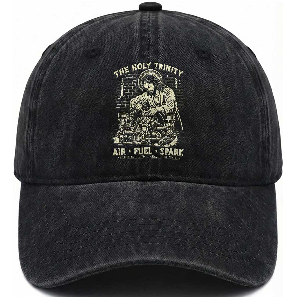 Funny Mechanic Jesus Holy Trinity Air Fuel Spark Vintage Washed Cotton Baseball Cap Christian Car Lover Humor Gift for Gearheads