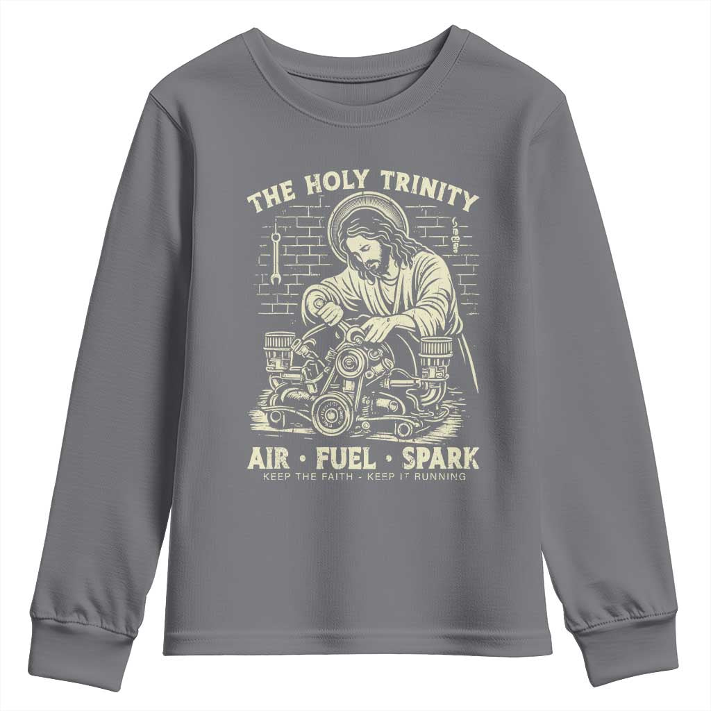 Funny Mechanic Jesus Holy Trinity Air Fuel Spark Vintage Youth Sweatshirt Christian Car Lover Humor Gift for Gearheads TS02 Charcoal Print Your Wear