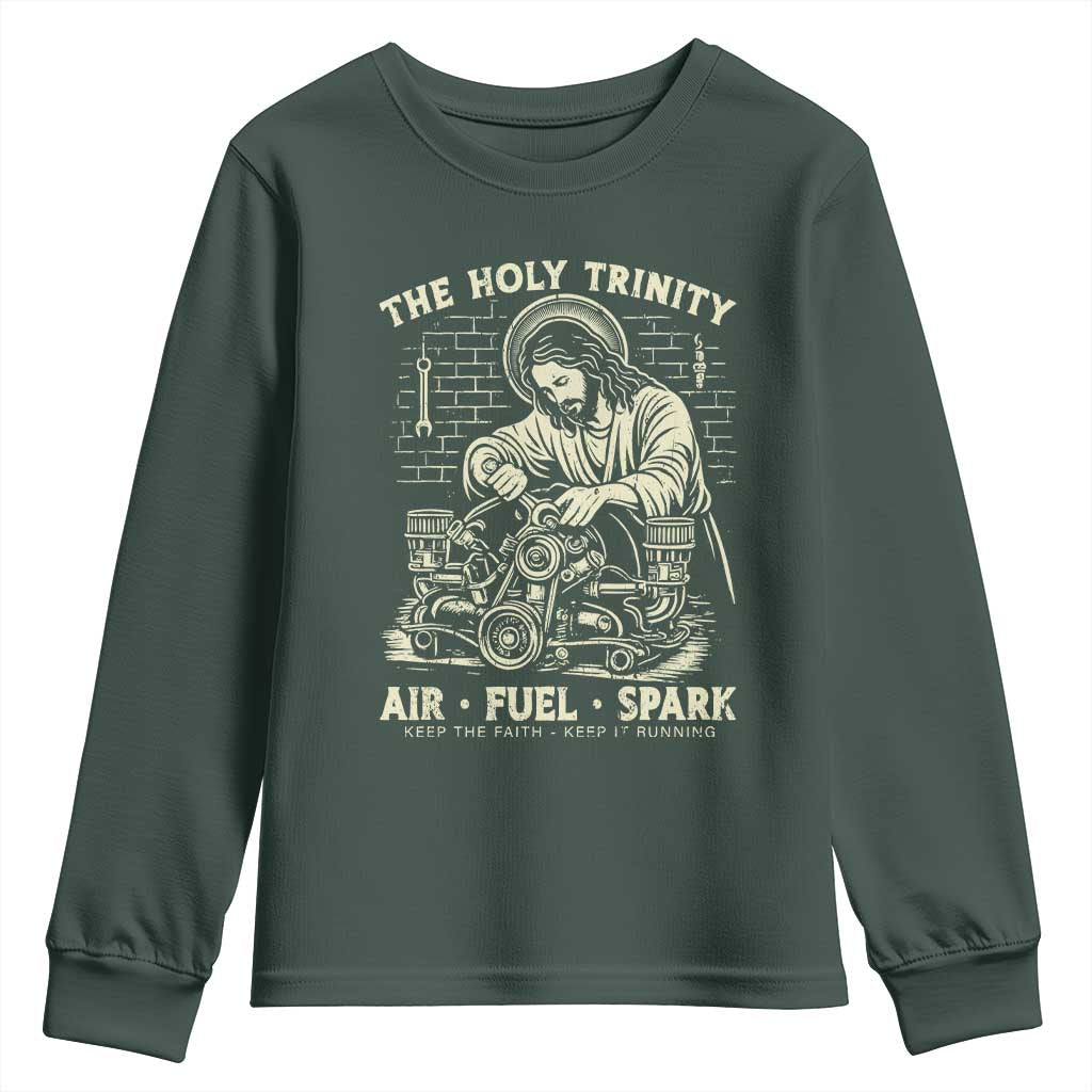 Funny Mechanic Jesus Holy Trinity Air Fuel Spark Vintage Youth Sweatshirt Christian Car Lover Humor Gift for Gearheads TS02 Dark Forest Green Print Your Wear