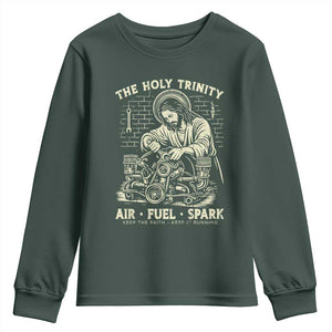 Funny Mechanic Jesus Holy Trinity Air Fuel Spark Vintage Youth Sweatshirt Christian Car Lover Humor Gift for Gearheads TS02 Dark Forest Green Print Your Wear