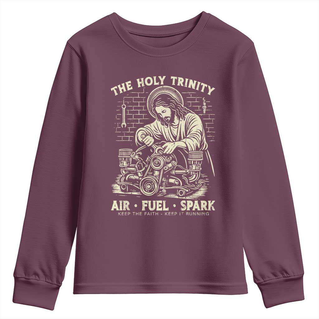 Funny Mechanic Jesus Holy Trinity Air Fuel Spark Vintage Youth Sweatshirt Christian Car Lover Humor Gift for Gearheads TS02 Maroon Print Your Wear