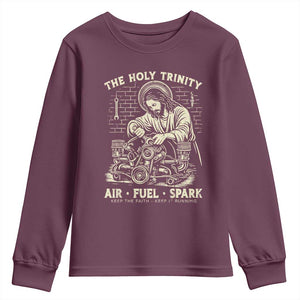 Funny Mechanic Jesus Holy Trinity Air Fuel Spark Vintage Youth Sweatshirt Christian Car Lover Humor Gift for Gearheads TS02 Maroon Print Your Wear