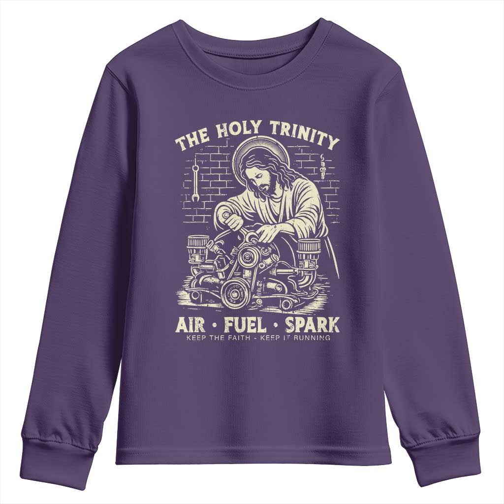 Funny Mechanic Jesus Holy Trinity Air Fuel Spark Vintage Youth Sweatshirt Christian Car Lover Humor Gift for Gearheads TS02 Purple Print Your Wear