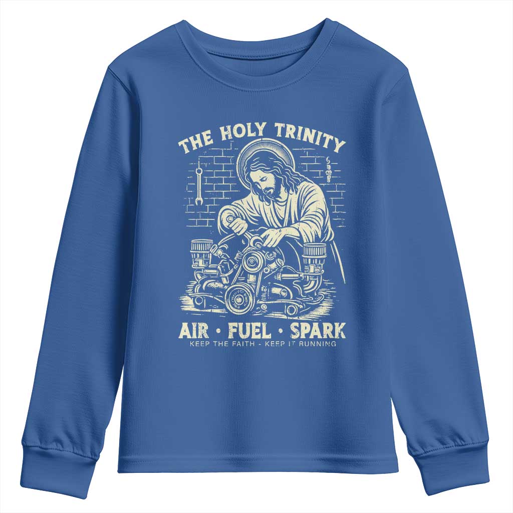 Funny Mechanic Jesus Holy Trinity Air Fuel Spark Vintage Youth Sweatshirt Christian Car Lover Humor Gift for Gearheads TS02 Royal Blue Print Your Wear