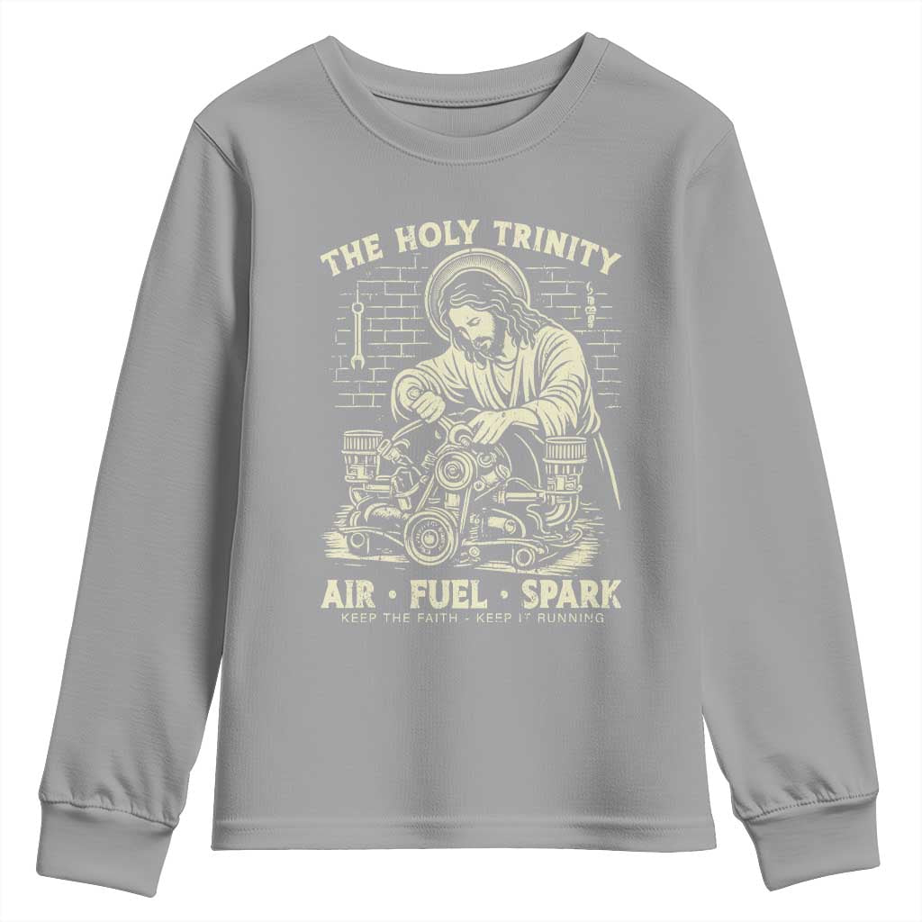Funny Mechanic Jesus Holy Trinity Air Fuel Spark Vintage Youth Sweatshirt Christian Car Lover Humor Gift for Gearheads TS02 Sport Gray Print Your Wear