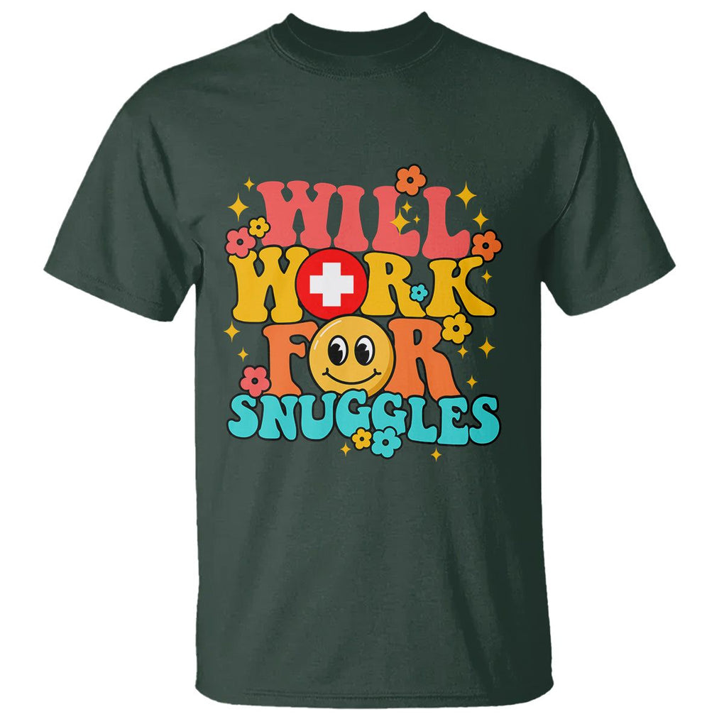 NICU Nurse T Shirt Will Work For Snuggles Labor & Delivery Life Retro Groovy TS02 Dark Forest Green Printyourwear