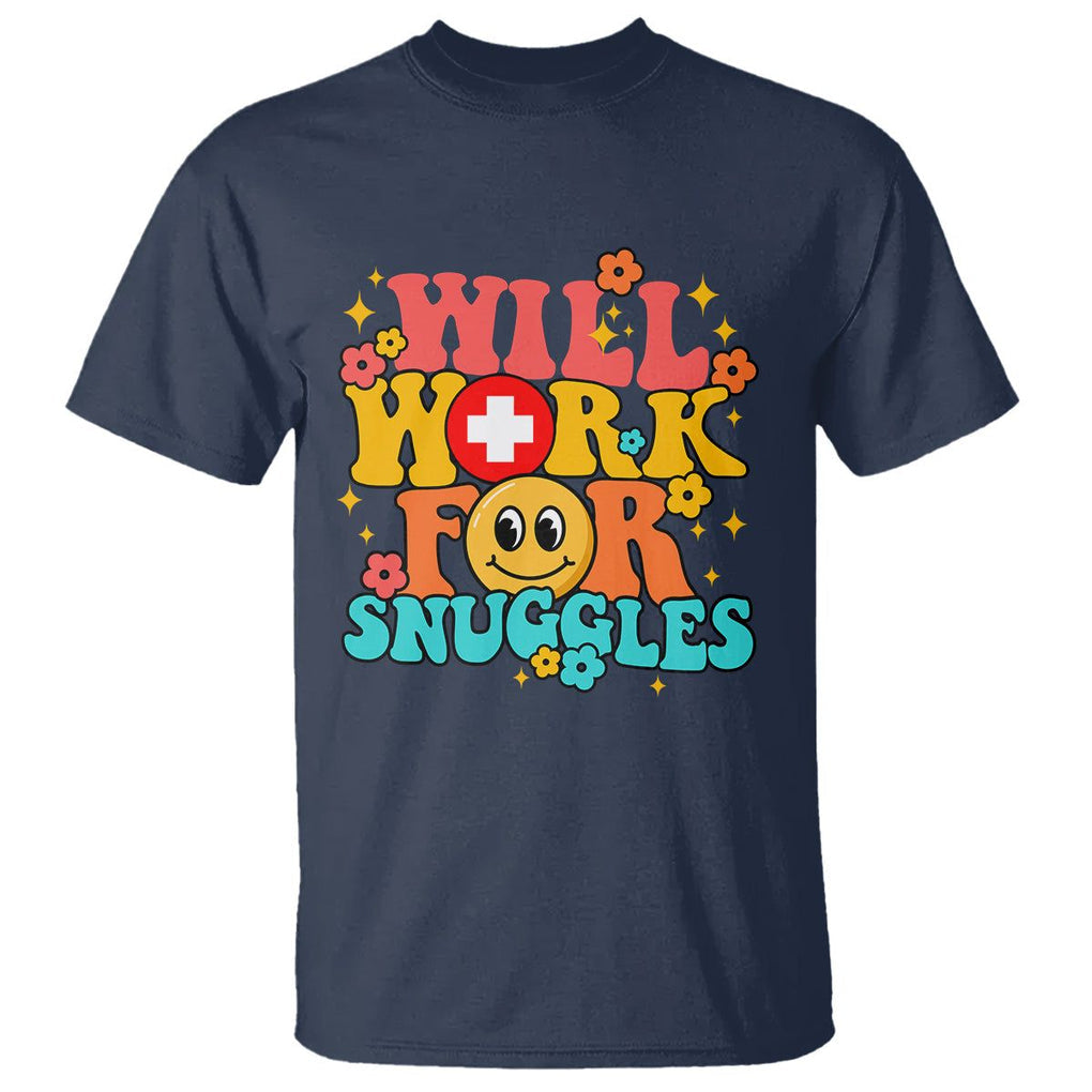 NICU Nurse T Shirt Will Work For Snuggles Labor & Delivery Life Retro Groovy TS02 Navy Printyourwear