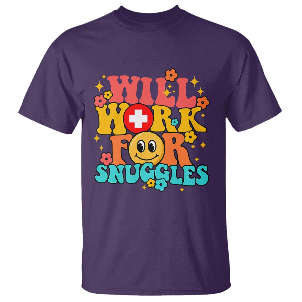 NICU Nurse T Shirt Will Work For Snuggles Labor & Delivery Life Retro Groovy TS02 Purple Printyourwear