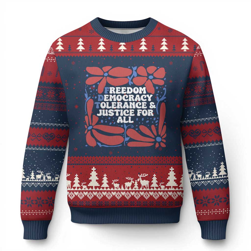 Subtle FDT Ugly Christmas Sweater Freedom Democracy Tolerence and Justice For All TS02 Navy Red Print Your Wear
