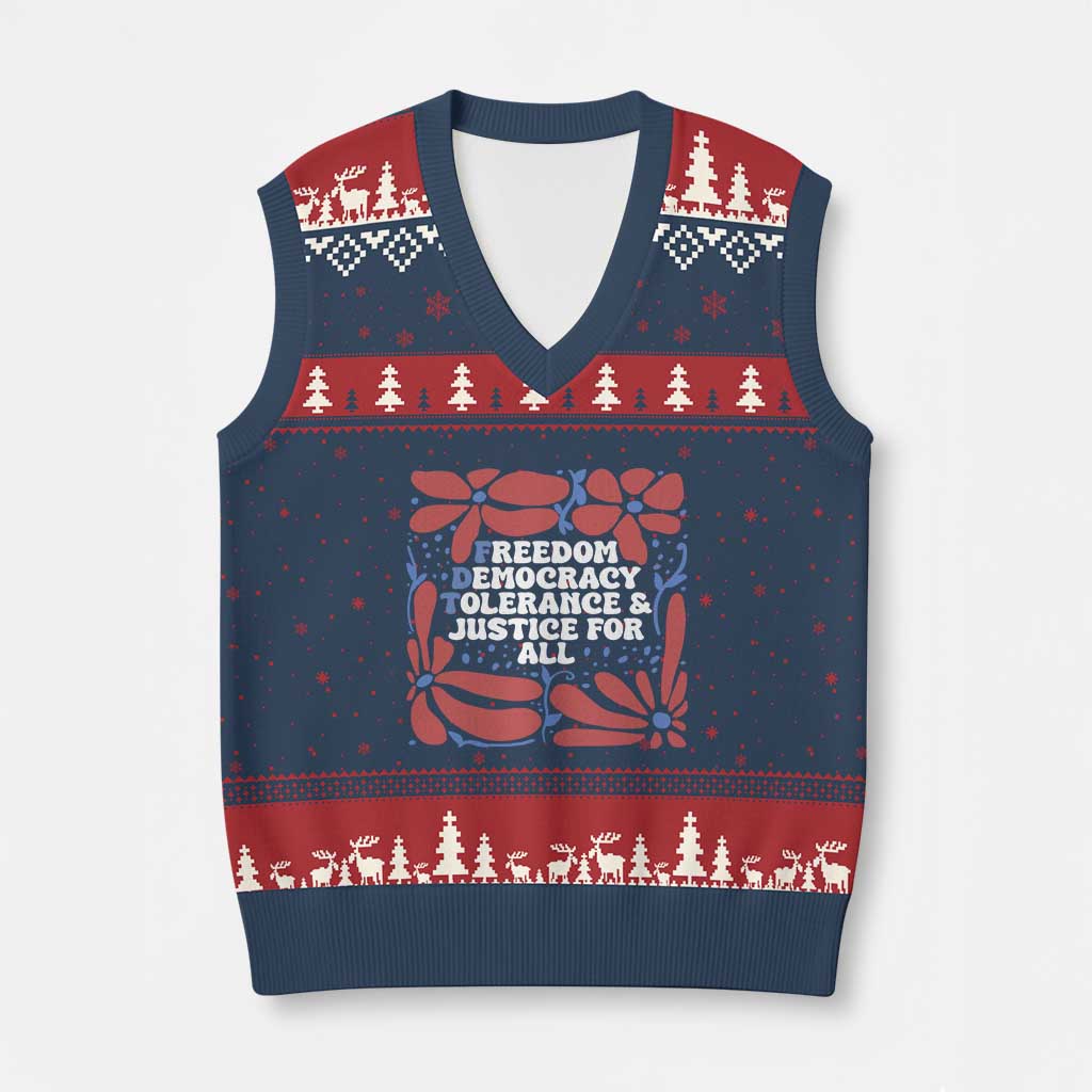 Subtle FDT V-Neck Knit Sweater Vest Freedom Democracy Tolerence and Justice For All TS02 Navy Red Print Your Wear