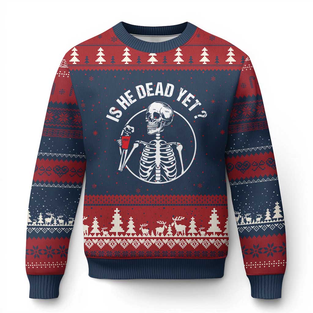 Is He Dead Yet Subtle FDT Ugly Christmas Sweater Funny Skeleton Drinking Coffee TS02 Navy Red Print Your Wear